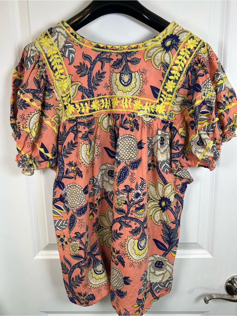 Sister Mary Coral Floral Embroidered Puff Sleeve Bohemian Top XS - Picture 3 of 10